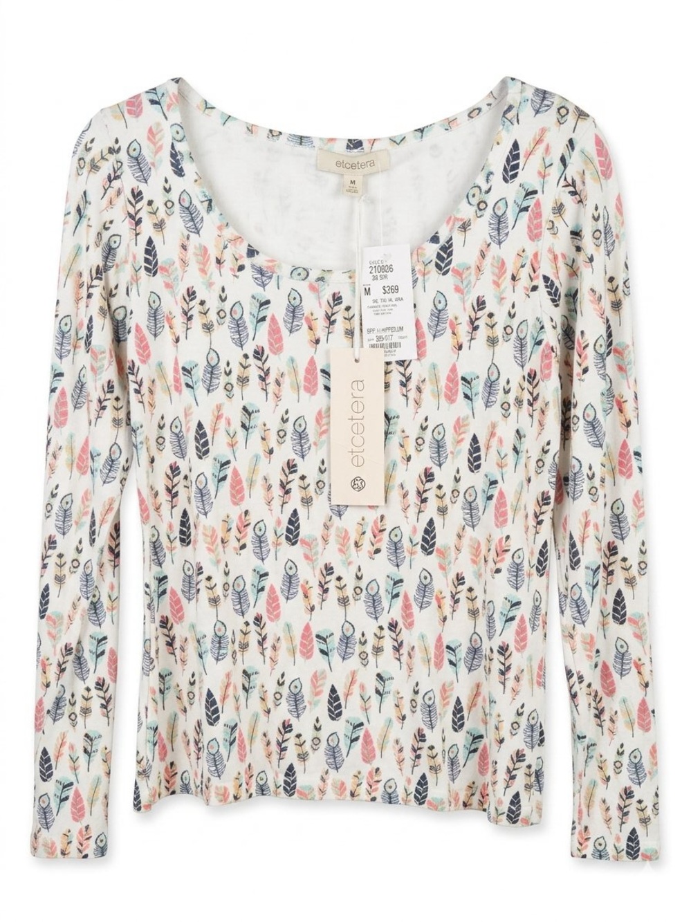 Etcetera White Long-Sleeve Scoop Neck Top Multicolor Leaf Print/ NWT / M/ $269